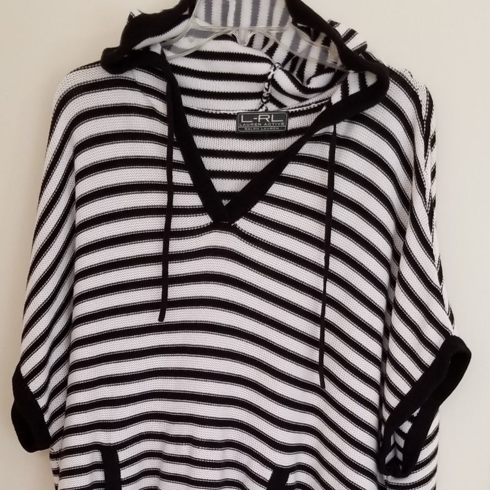 Cotton Knit Navy and White Sweater with Hoody